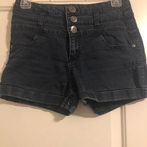 High-waisted, dark denim shorts